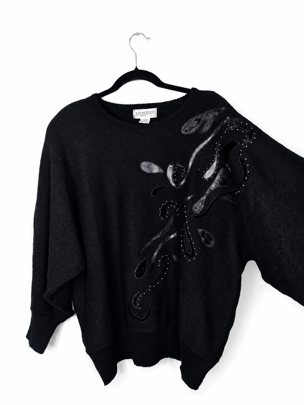 Vintage Justine Todd 1X Black Beaded Applique Sweater 80s Art to Wear Ramie